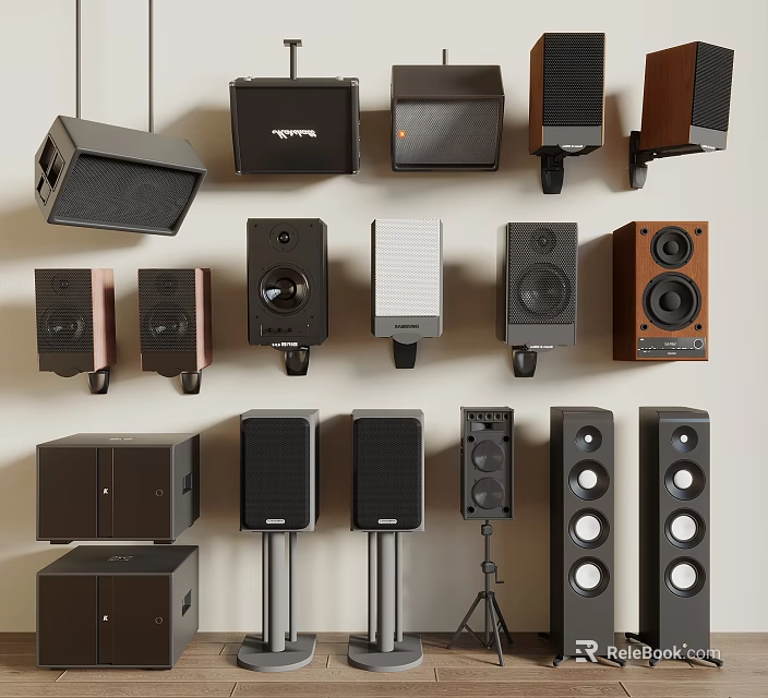 Headphones and Speakers Displaying Assorted Designs Wall Mounted Floor Standing and Compact Models 3d model 