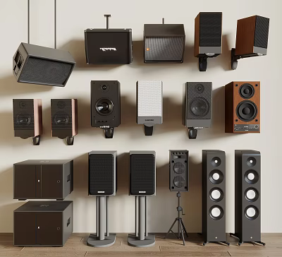 Headphones and Speakers Displaying Assorted Designs Wall Mounted Floor Standing and Compact Models 3d model