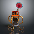 Vintage Phonograph With Red Horn Ornate Wooden Case And Golden Stand