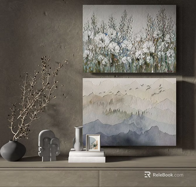 Two Canvas Paintings With Floral And Mountain Designs Plus Decorative Vase And Statue 3d model 