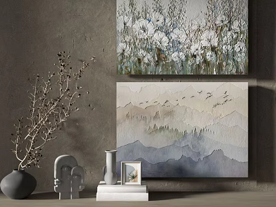 Two Canvas Paintings With Floral And Mountain Designs Plus Decorative Vase And Statue 3d model
