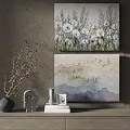 Two Canvas Paintings With Floral And Mountain Designs Plus Decorative Vase And Statue