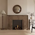 Wooden Fireplace Interior With Round Mirror Above Burning Fire Floor Lamp And Decorative Vase