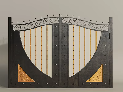 Ornate Double Wrought Iron Gate With Gold Accents And Scroll Design 3d model