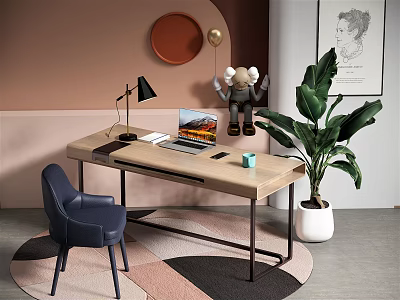 Wooden Home Office Desk with Black Lamp Laptop Blue Chair and Large Green Plant 3d model