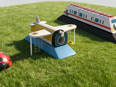Kindergarten Outdoor Playground With Airplane Train Structures And Ladybug Toy On Green Lawn 3d model