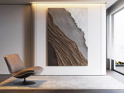 Modern Interior With Large Abstract Painting Brown Leather Chair White Wall And Recessed Lighting 3d model