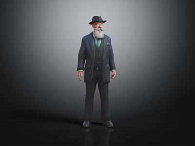 Male Character In Suit With Black Hat Beard And Green Tie Standing Against Dark Background 3d model