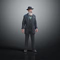 Male Character In Suit With Black Hat Beard And Green Tie Standing Against Dark Background