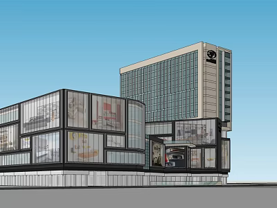 Modern Commercial Complex Featuring Glass Facade And High Rise Office Building 3d model