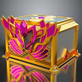 Ornate Decorative Device With Golden Frame Pink Accents Transparent Panel And Reflective Surface