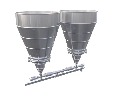 Two Conical Stainless Steel Industrial Equipment With Supporting Frame Structure For Processing 3d model