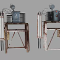Industrial Equipment with Radiator Like Structures Pipes Metal Frames and Control Units on Support Stands