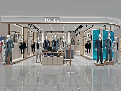 Golf Clothing Store Modern Bright Interior With Mannequins Displaying Men's Suits And Apparel 3d model