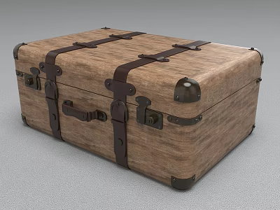 Vintage Wooden Trunk With Brown Leather Straps Metal Corners And Locks 3d model