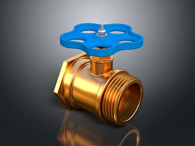 Golden Metal Valve With Blue Handle And Reflective Surface On Dark Background 3d model