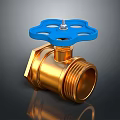 Golden Metal Valve With Blue Handle And Reflective Surface On Dark Background