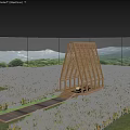 Illuminated Wooden House with Triangular Frame Open Design in Green Field Surrounded by Mountains