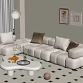 Modern Beige Modular Sofa Coffee Table Set With Pillows Wall Art And Checkered Rug 3d model