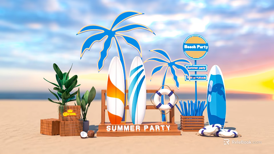 Summer Beach Party Setup With Blue Palm Tree Decorations Surfboards Lifebuoy And Wooden Signs 3d model 