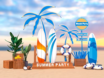 Summer Beach Party Setup With Blue Palm Tree Decorations Surfboards Lifebuoy And Wooden Signs 3d model