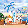 Summer Beach Party Setup With Blue Palm Tree Decorations Surfboards Lifebuoy And Wooden Signs