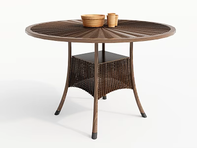 Round Woven Rattan Dining Table With Wooden Frame And Lower Shelf 3d model