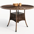 Round Woven Rattan Dining Table With Wooden Frame And Lower Shelf