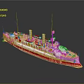Detailed Warship 3D Model With Red Hull White Superstructure Multiple Funnels Masts And Deck Equipment