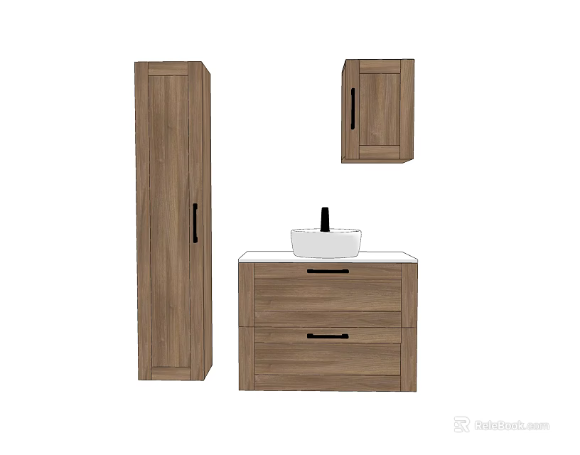 Wooden Bathroom Vanity Set With Tall Cabinet Wall Cabinet And Drawers 3d model 