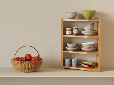 Wooden Shelf With Various Kitchenware Bowls Plates Cups Jars And Wicker Basket Of Tomatoes 3d model