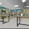 Modern Well Lit Retail Interior With Display Tables Green Plants And Wall Displays