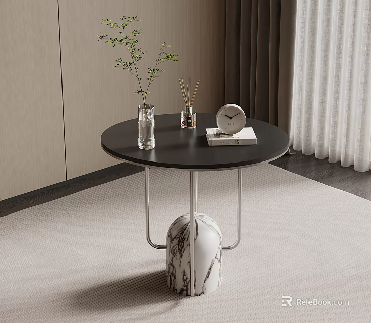 Modern Round Side Table With Black Top Metal Frame Marble Vase Green Plant And Clock 3d model 