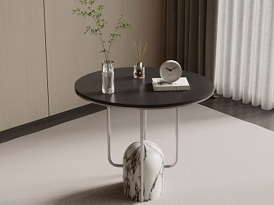 Modern Round Side Table With Black Top Metal Frame Marble Vase Green Plant And Clock 3d model