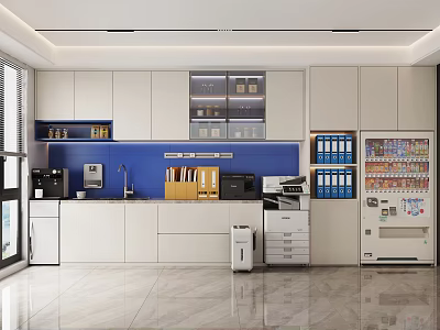 Modern Office Break Room With White Cabinets Blue Wall Coffee Machine And Beverage Vending Machine 3d model
