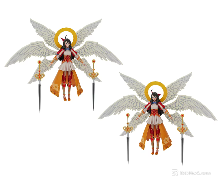 Game and Film Character With Angelic Wings Golden Halo Twin Swords and Red White Ornamental Outfit 3d model 