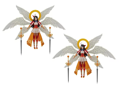 Game and Film Character With Angelic Wings Golden Halo Twin Swords and Red White Ornamental Outfit 3d model