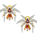 Game and Film Character With Angelic Wings Golden Halo Twin Swords and Red White Ornamental Outfit