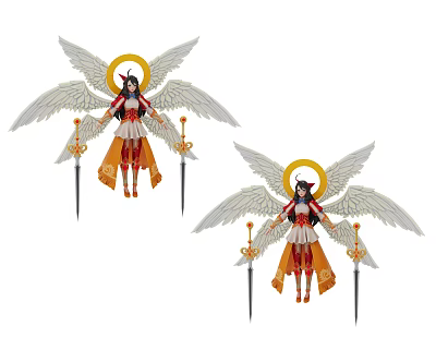 Game and Film Character With Angelic Wings Golden Halo Twin Swords and Red White Ornamental Outfit 3d model