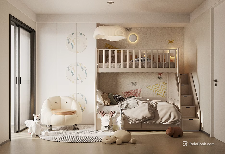 Kids Room Bunk Bed With Moon And Star Patterns Stairs White Chair And Stuffed Toys 3d model 