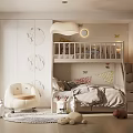 Kids Room Bunk Bed With Moon And Star Patterns Stairs White Chair And Stuffed Toys
