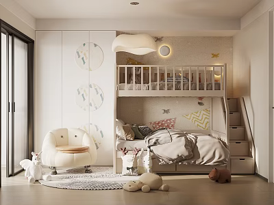 Kids Room Bunk Bed With Moon And Star Patterns Stairs White Chair And Stuffed Toys 3d model