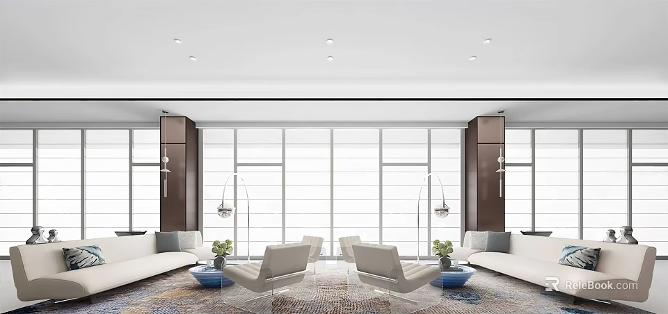 Modern Leisure Area Interior Design With Sofa Chairs Area Rug Windows And Pendant Lights 3d model 