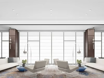 Modern Leisure Area Interior Design With Sofa Chairs Area Rug Windows And Pendant Lights 3d model