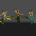 Three Female Dancers In Green Traditional Costumes Performing With Musical Instruments And Floating Sleeves