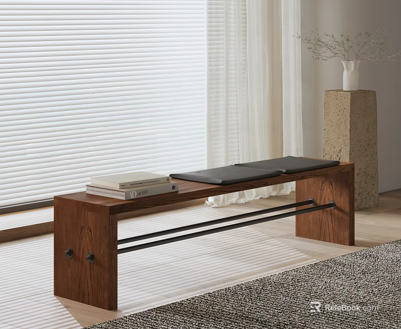 Wooden Bench With Black Cushion Stack Of Books By Window Blinds And Curtains 3d model 