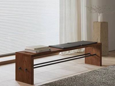 Wooden Bench With Black Cushion Stack Of Books By Window Blinds And Curtains 3d model