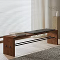 Wooden Bench With Black Cushion Stack Of Books By Window Blinds And Curtains