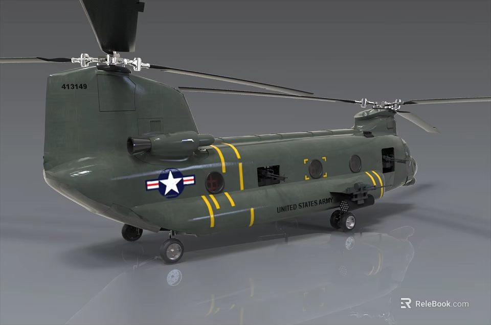 Green Military Helicopter with American Flag Insignia and Yellow Stripes 3d model 