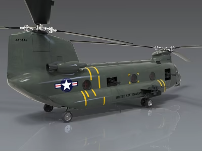 Green Military Helicopter with American Flag Insignia and Yellow Stripes 3d model